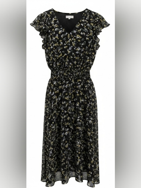 Chaus New York Dresses & Skirts - Black Floral Chiffon Midi Dress - Flutter Sleeves & Smocked Waist Size Large